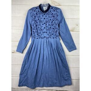 Vtg Country Wear Clothing Co Denim Dress Sz 12 Velvet Embroidered Cottagecore